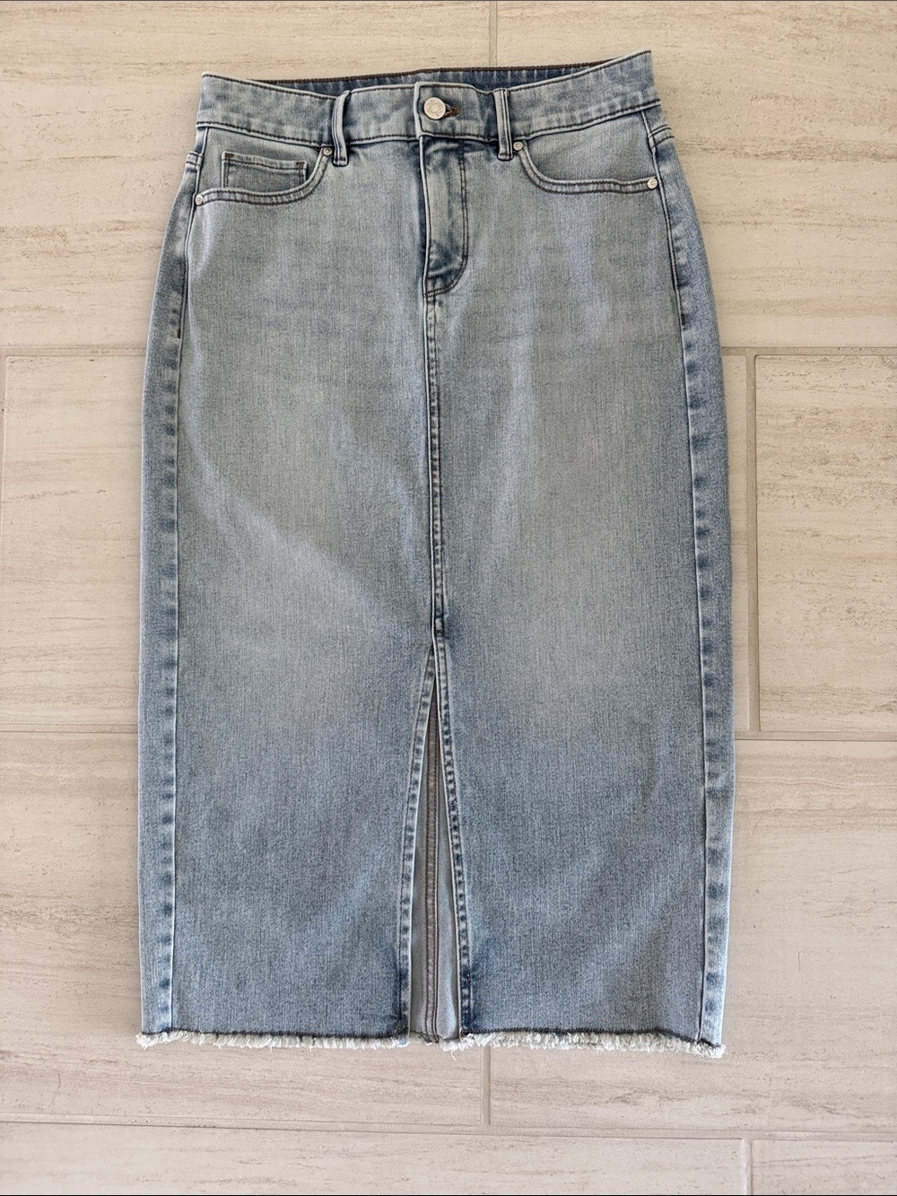 Petite White House Black Market Light Blue Denim Pencil Midi skirt w/Front Slit